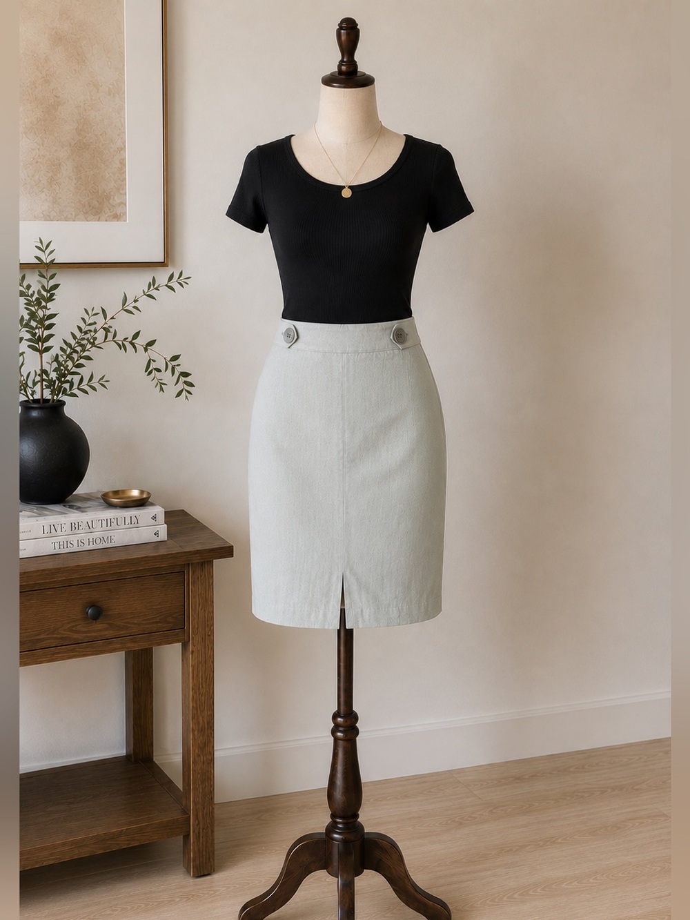 Club Monaco Light Cream High-Waist Pencil Skirt with Button Detail